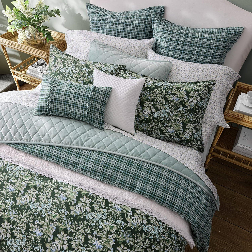 Laura Ashley- King Duvet Cover Set, Reversible Cotton Bedding Set, Includes Matching Sham(s) with Bonus Euro Sham(s) & Throw Pillow Covers (Bramble Floral Green, King)