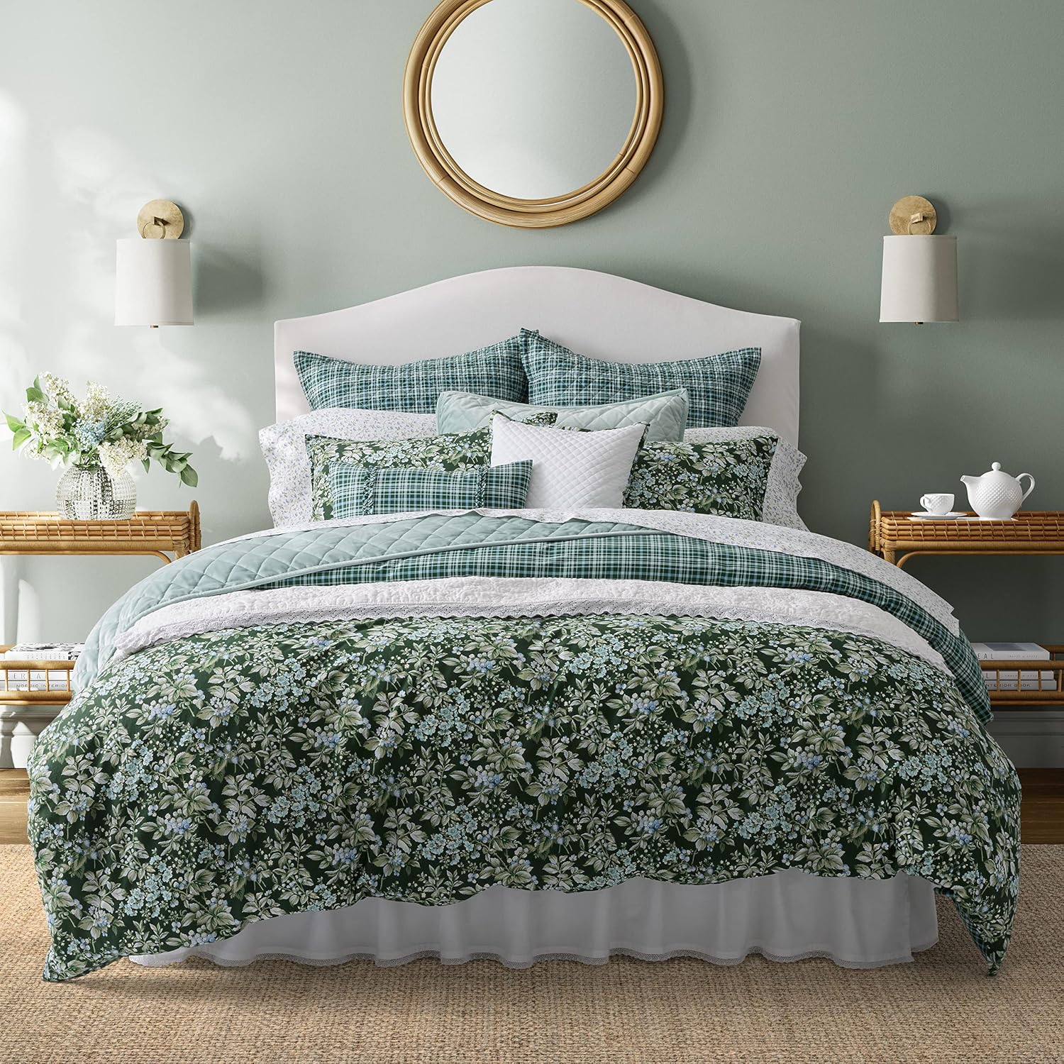 Laura Ashley- King Duvet Cover Set, Reversible Cotton Bedding Set, Includes Matching Sham(s) with Bonus Euro Sham(s) & Throw Pillow Covers (Bramble Floral Green, King)