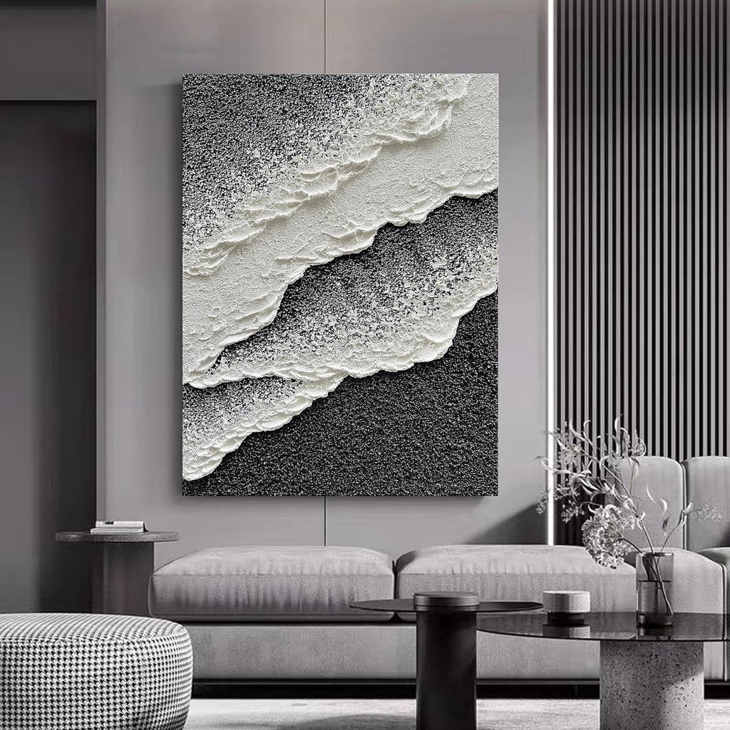 NANKAI Hand Painted Beach Wave Landscape Oil Painting Black and White Abstract Canvas Art Home Office Wall Deco Art Painting 28x40 inches