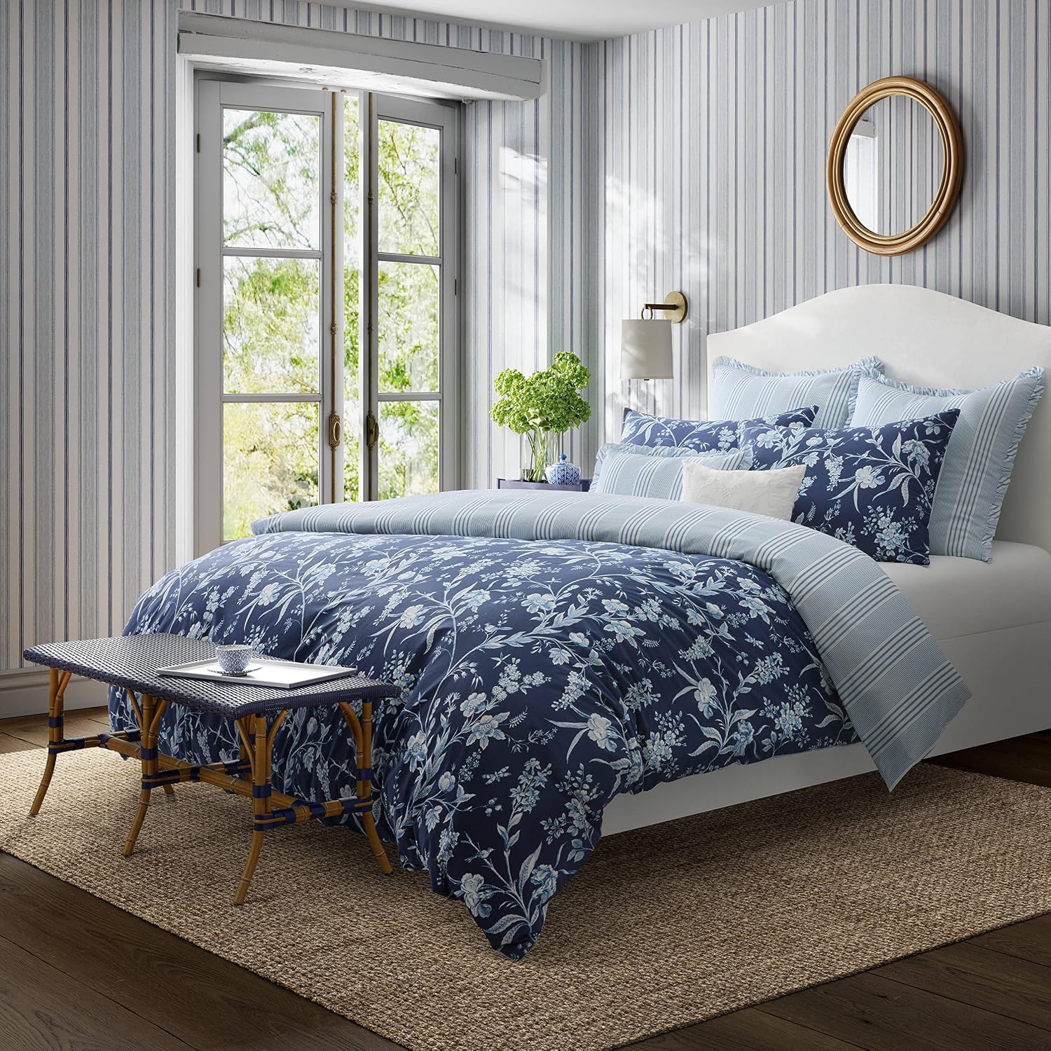 Laura Ashley- King Duvet Cover Set, Reversible Cotton Bedding Set, Includes Matching Sham(s) with Bonus Euro Sham(s) & Throw Pillow Covers (Branch Toile Blue, King)