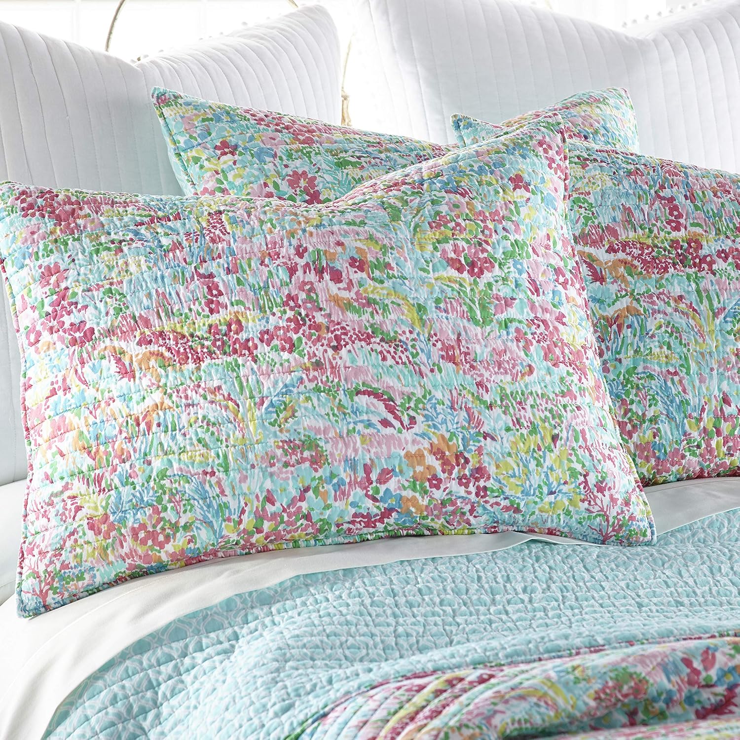 Levtex Home - Karolynna Quilt Set - King/Cal King Quilt + Two King Pillow Shams - Floral in Teal Salmon Green Wild Berry - Quilt Size (106x92in.) and Pillow Sham Size (36x20in.) - Reversible - Cotton