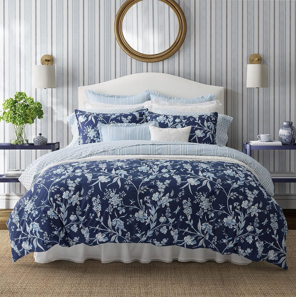 Laura Ashley- King Duvet Cover Set, Reversible Cotton Bedding Set, Includes Matching Sham(s) with Bonus Euro Sham(s) & Throw Pillow Covers (Branch Toile Blue, King)
