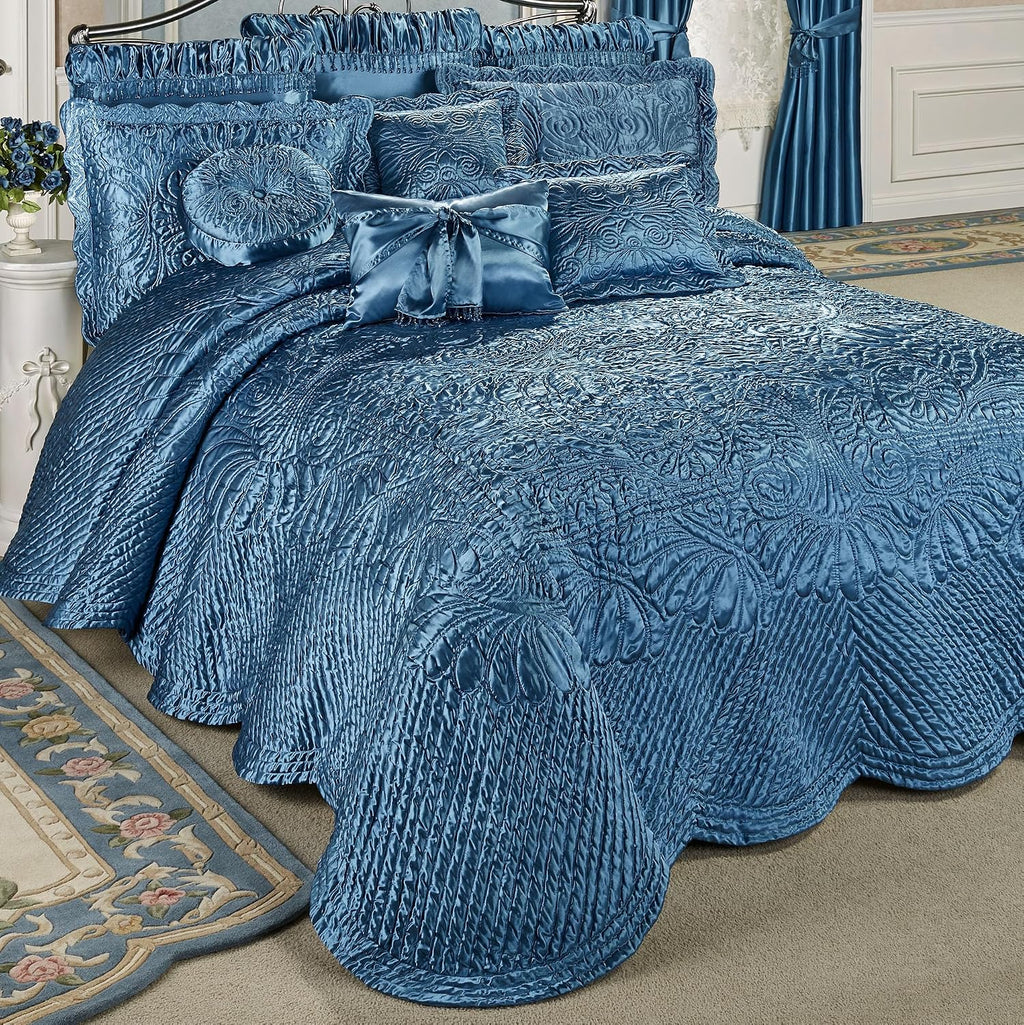 Portia Luxury Bedding | Sapphire | Quilted Polyester Satin | Hand Guided Machine Quilted Scroll Design | 11 Piece Set With Cal King Bedspread, 2 King Shams, 2 Euro Shams, 2 Euro Pillows, 4 Pillows