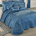 Portia Luxury Bedding | Sapphire | Quilted Polyester Satin | Hand Guided Machine Quilted Scroll Design | 11 Piece Set With Cal King Bedspread, 2 King Shams, 2 Euro Shams, 2 Euro Pillows, 4 Pillows