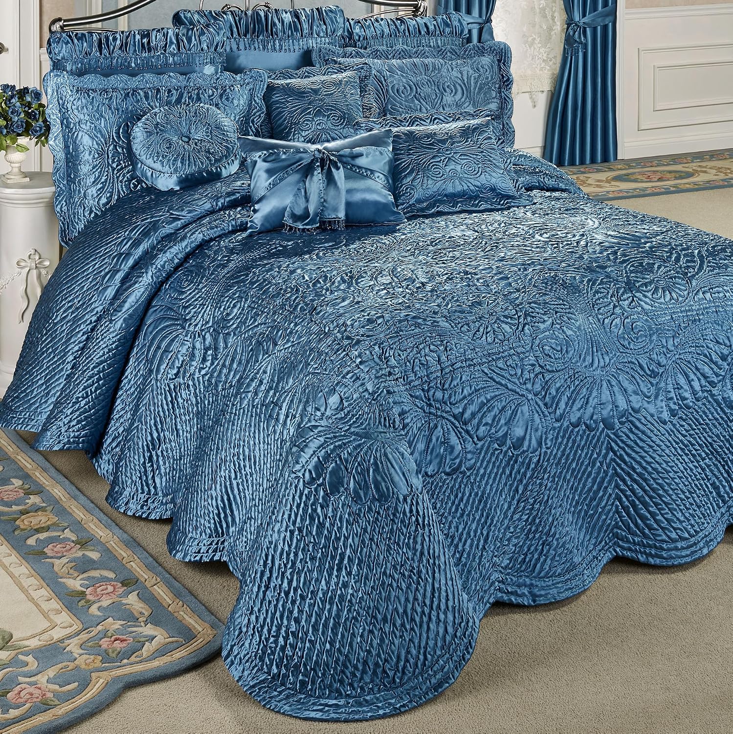 Portia Luxury Bedding | Sapphire | Quilted Polyester Satin | Hand Guided Machine Quilted Scroll Design | 11 Piece Set With Cal King Bedspread, 2 King Shams, 2 Euro Shams, 2 Euro Pillows, 4 Pillows