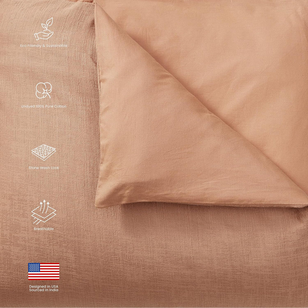 Blue Loom Duvet 100% Cotton Set, 3 Piece, Stone Washed Duvet Set Full/Queen Size 92' x 90' with 2 Matching Pillow Shams, Comforter Not Included, Vivie - Clay Red