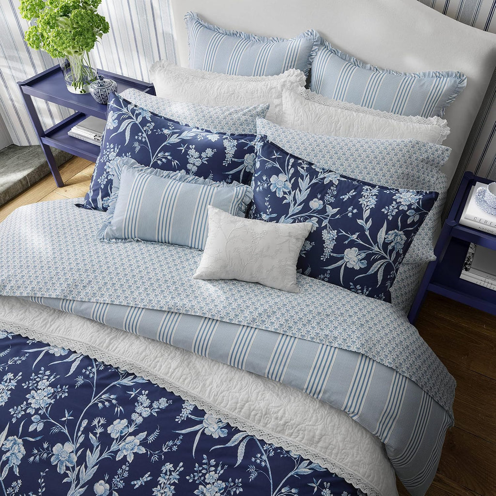 Laura Ashley- King Duvet Cover Set, Reversible Cotton Bedding Set, Includes Matching Sham(s) with Bonus Euro Sham(s) & Throw Pillow Covers (Branch Toile Blue, King)