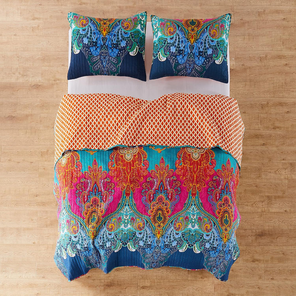 Levtex Home - Mackenzie Quilt Set - Full/Queen Quilt (88x92in.) + Two Standard Pillow Shams (26x20in.) - Bohemian - Teal, Orange, Yellow, Green, Blue - Reversible - Cotton