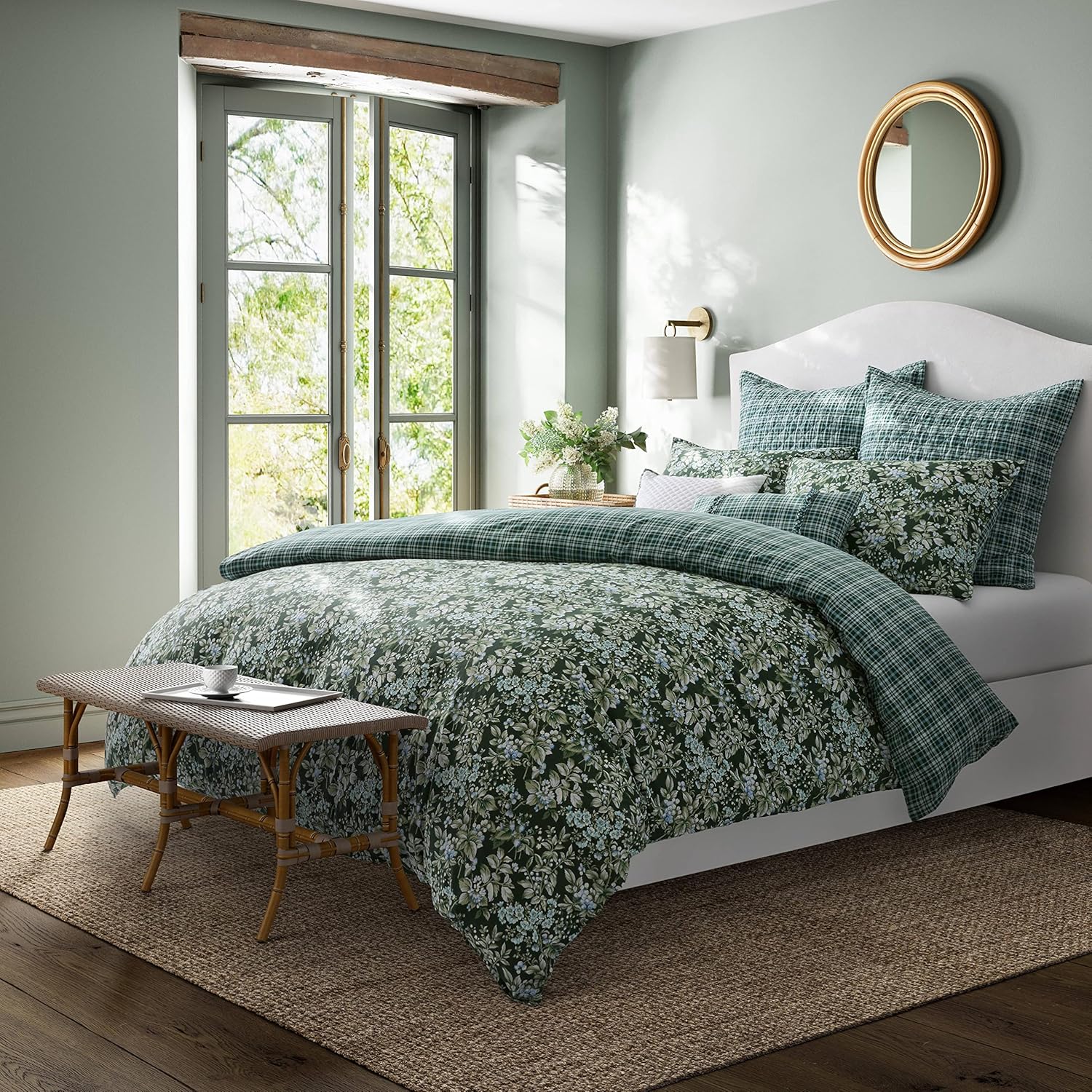 Laura Ashley- King Duvet Cover Set, Reversible Cotton Bedding Set, Includes Matching Sham(s) with Bonus Euro Sham(s) & Throw Pillow Covers (Bramble Floral Green, King)