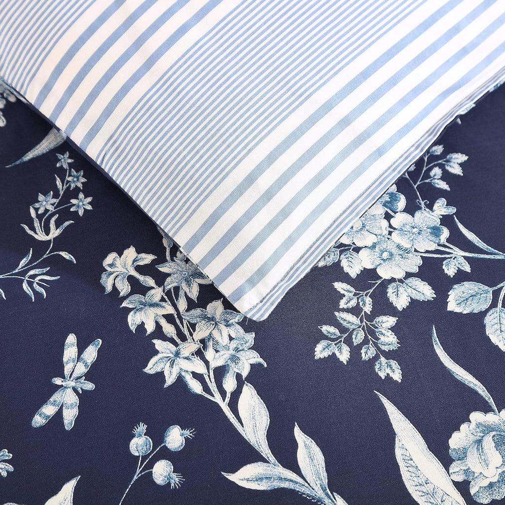 Laura Ashley- King Duvet Cover Set, Reversible Cotton Bedding Set, Includes Matching Sham(s) with Bonus Euro Sham(s) & Throw Pillow Covers (Branch Toile Blue, King)