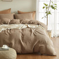 SE SOFTEXLY Muslin Duvet Cover Oversized King Size, 100% Washed Cotton Duvet Cover Set, Ultra Soft Comforter Cover Linen Like, 3 Pieces Gauze Duvet Cover with 2 Pillowcases, 98'x120', Light Brown
