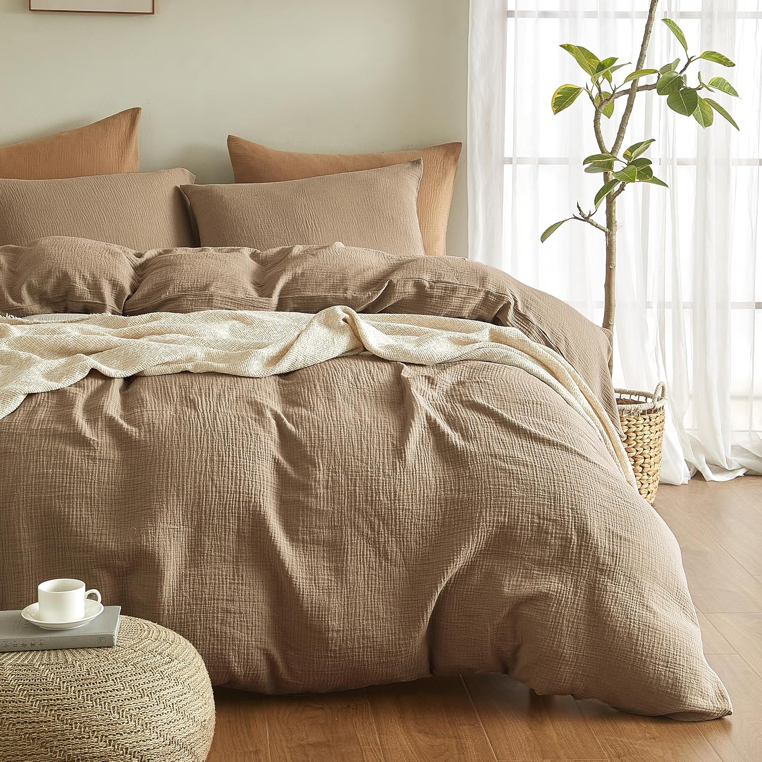 SE SOFTEXLY Muslin Duvet Cover Oversized King Size, 100% Washed Cotton Duvet Cover Set, Ultra Soft Comforter Cover Linen Like, 3 Pieces Gauze Duvet Cover with 2 Pillowcases, 98'x120', Light Brown