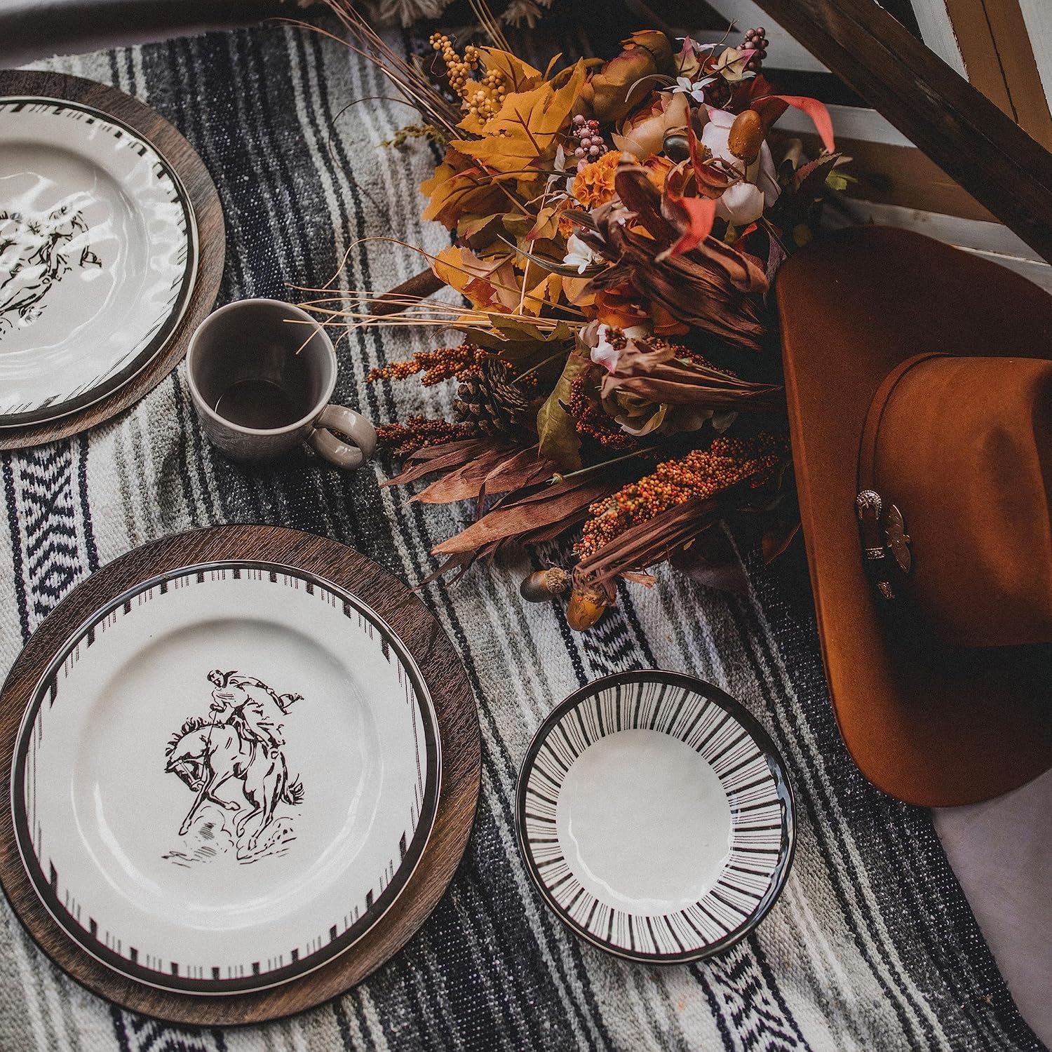 Paseo Road Ranch Life 14 Piece Melamine Plastic Dinnerware Set with Plates, Bowls and Serving Platter, Black and White, Southwestern Rustic Cabin Lodge Farmhouse Style