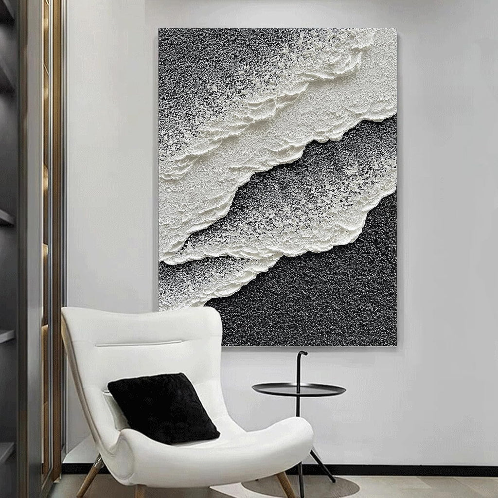 NANKAI Hand Painted Beach Wave Landscape Oil Painting Black and White Abstract Canvas Art Home Office Wall Deco Art Painting 28x40 inches