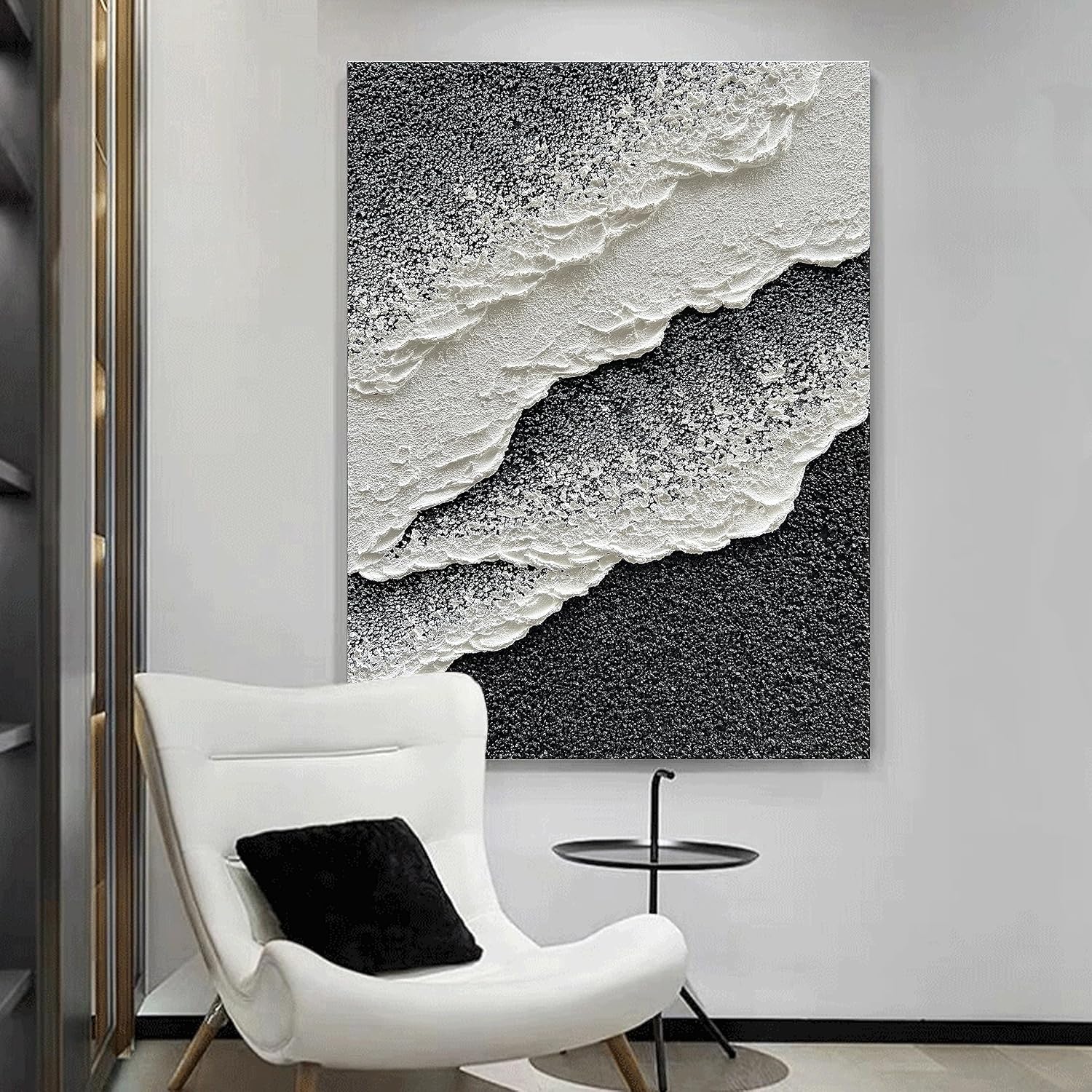 NANKAI Hand Painted Beach Wave Landscape Oil Painting Black and White Abstract Canvas Art Home Office Wall Deco Art Painting 28x40 inches