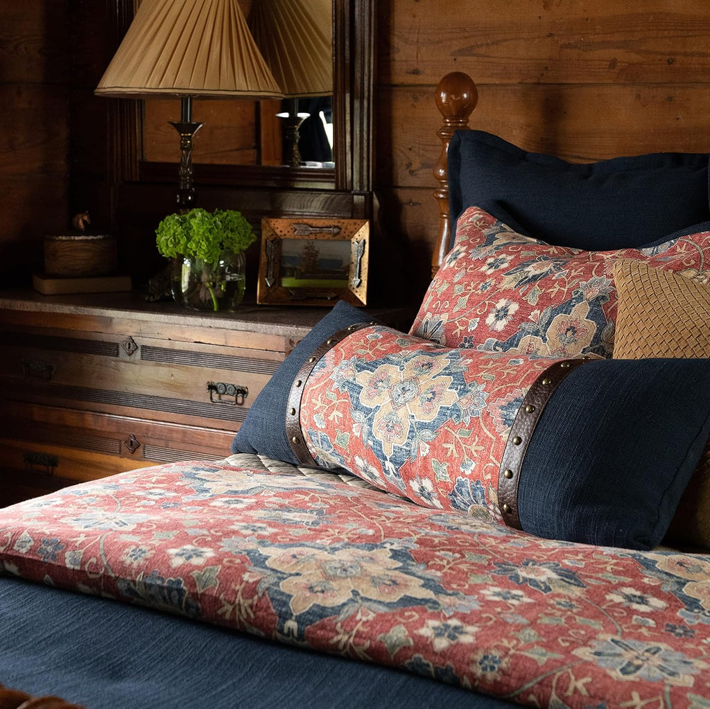 HiEnd Accents Washed Linen Melinda 3 Piece Floral Comforter Set, Queen Size, Red Navy Blue Medallion Bedding, Classic Western Modern Rustic Lodge Style, Flower Linen Comforter with Pillow Shams
