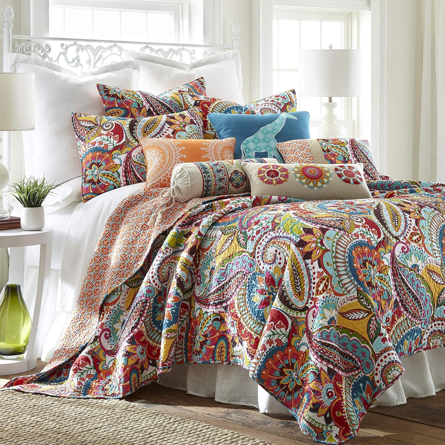 Levtex Home Rhapsody Quilt Set - King Quilt + Two King Pillow Shams - Paisley in Yellow Orange Red Green Blues - Quilt Size (106 x 92in.) and Pillow Sham Size (36 x 20in.)- Reversible Pattern - Cotton