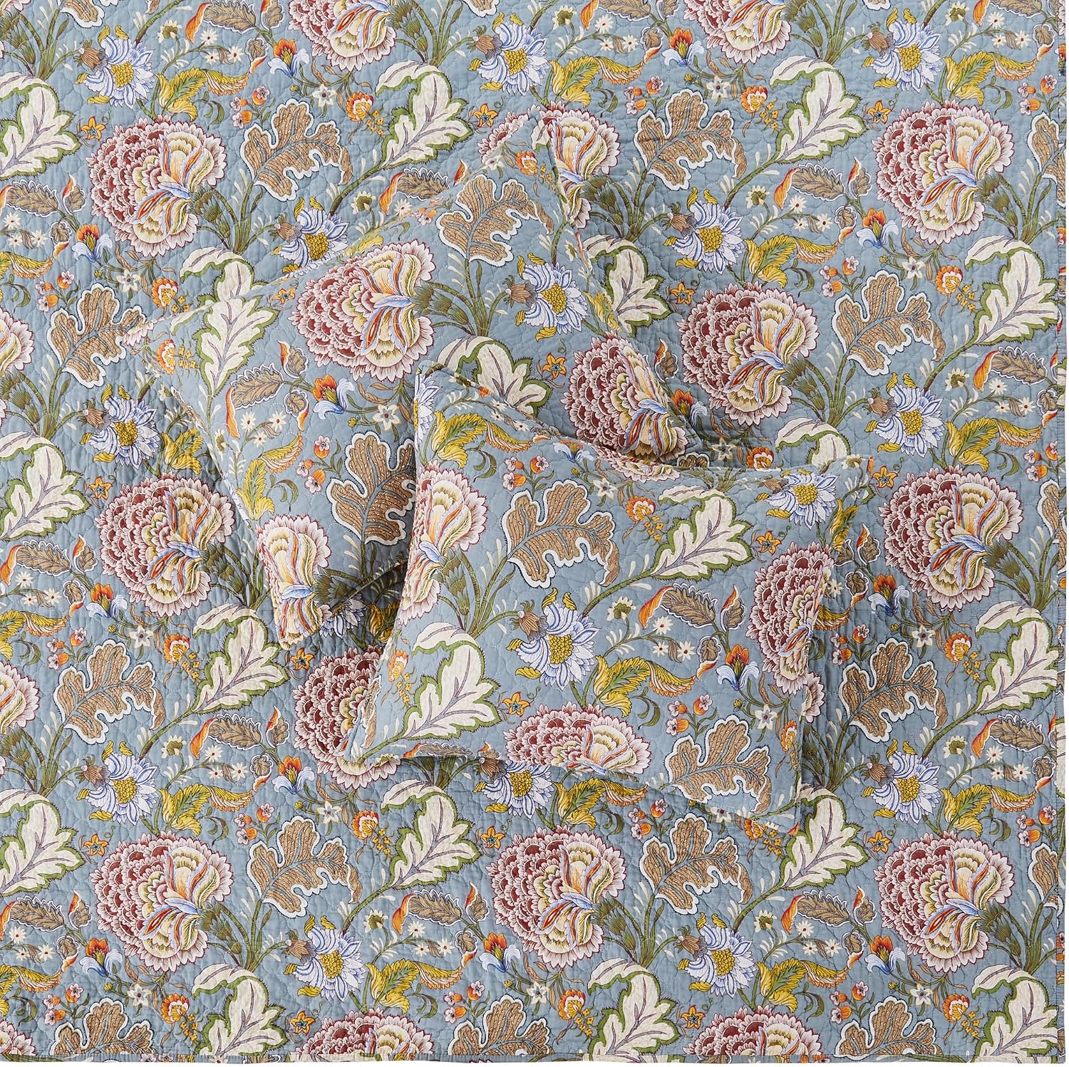 Levtex Home Angelica Reversible Twin Bedspread Set (80x106in) with 1 Pillow Sham (26x20in) - Floral Bedding - Blue Grey, Coral - Cotton Twin Size Bedspread Set - Lightweight, Soft, Pre-Washed