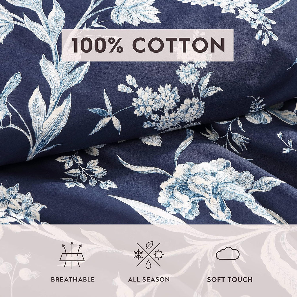 Laura Ashley- King Duvet Cover Set, Reversible Cotton Bedding Set, Includes Matching Sham(s) with Bonus Euro Sham(s) & Throw Pillow Covers (Branch Toile Blue, King)