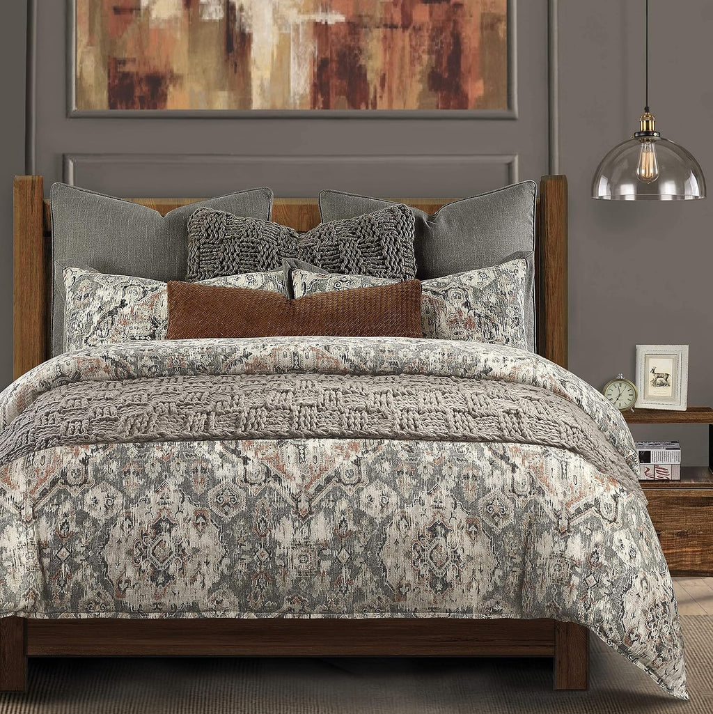 HiEnd Accents Carmen Kilim 2 Piece Comforter Set with Pillow Shams, Gray Medallion Pattern, Twin Size, Classic Traditional Modern Rustic Bedding Set, Linen Comforter with 1 Pillowcase
