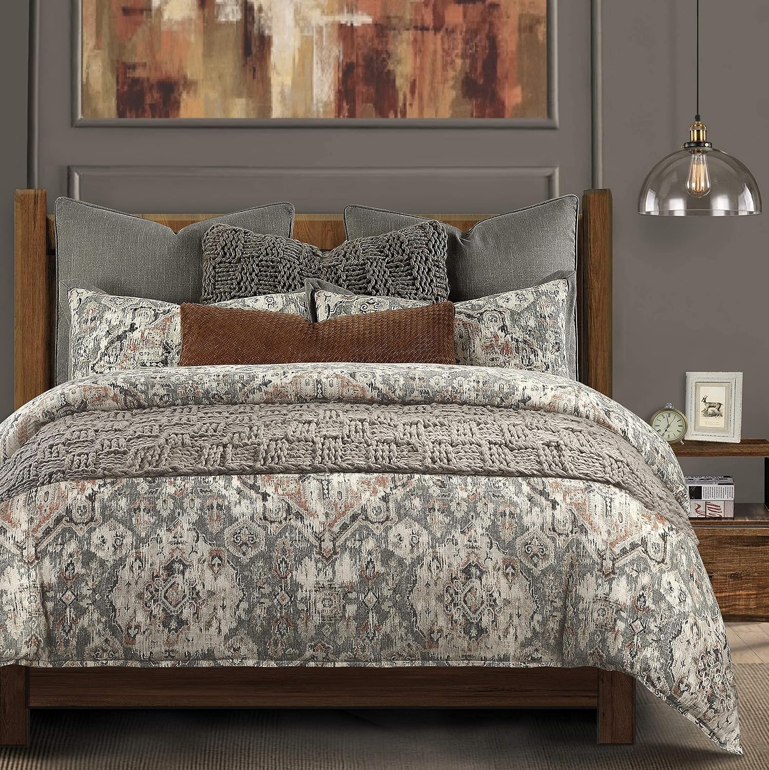 HiEnd Accents Carmen Kilim 2 Piece Comforter Set with Pillow Shams, Gray Medallion Pattern, Twin Size, Classic Traditional Modern Rustic Bedding Set, Linen Comforter with 1 Pillowcase