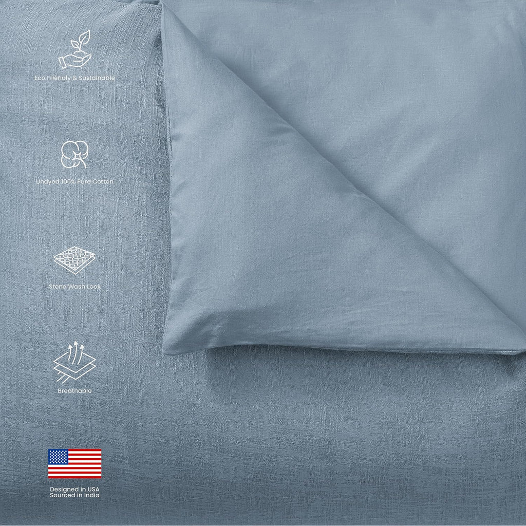 Blue Loom Duvet 100% Cotton Set, 3 Piece, Stone Washed Duvet Set Full/Queen Size 92' x 90' with 2 Matching Pillow Shams, Comforter Not Included, Vivie - Denim Blue