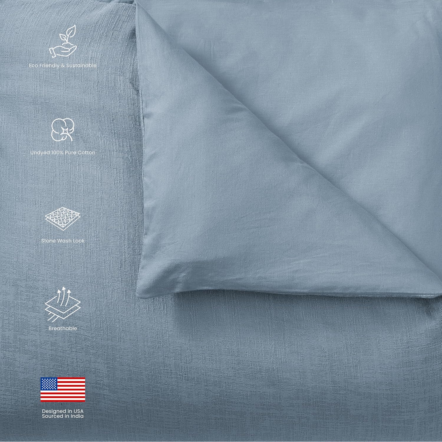 Blue Loom Duvet 100% Cotton Set, 3 Piece, Stone Washed Duvet Set Full/Queen Size 92' x 90' with 2 Matching Pillow Shams, Comforter Not Included, Vivie - Denim Blue