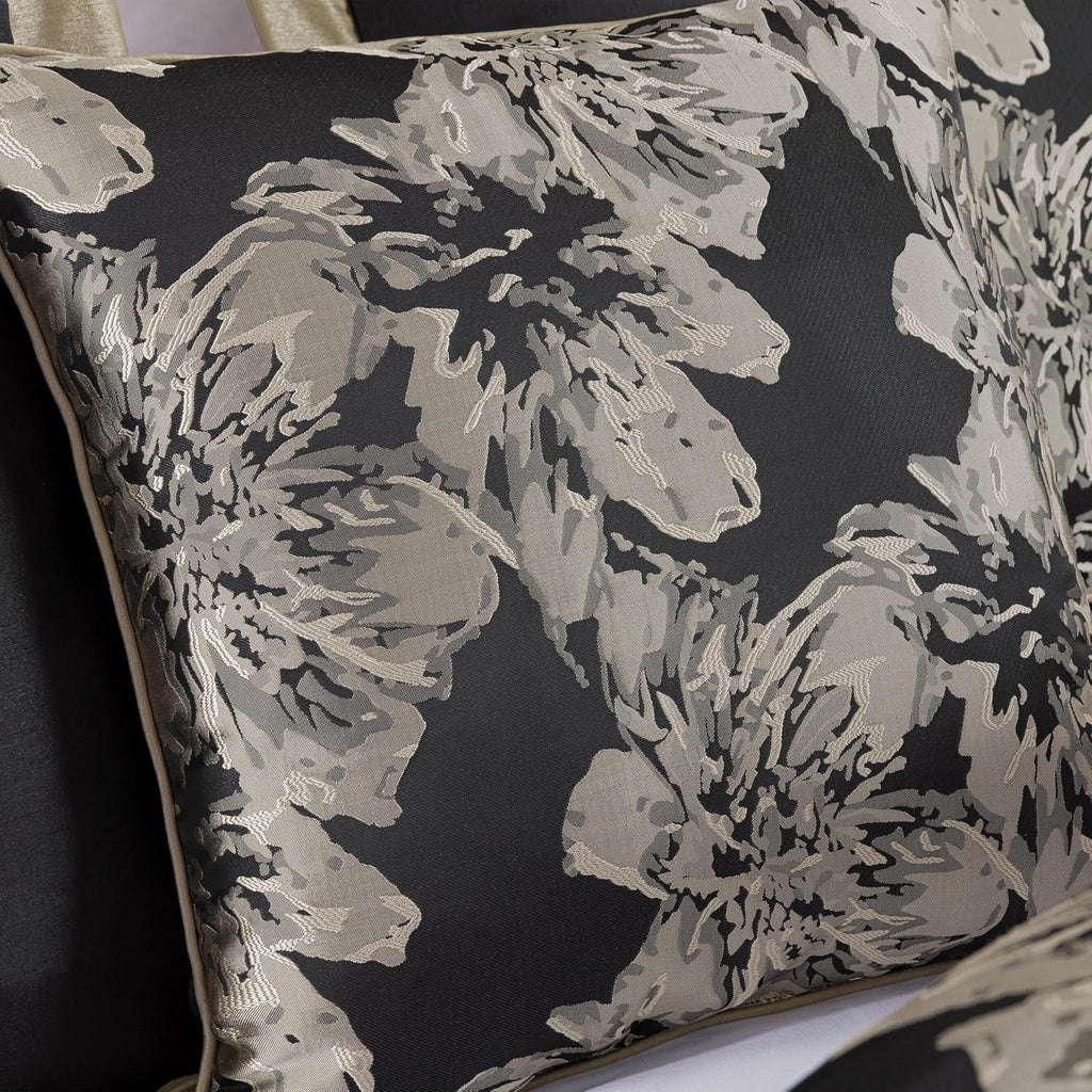 Chezmoi Collection Kelsey Comforter Set Oversized King Size, 7-Piece Black Gold Hibiscus Floral Jacquard Bedding Set