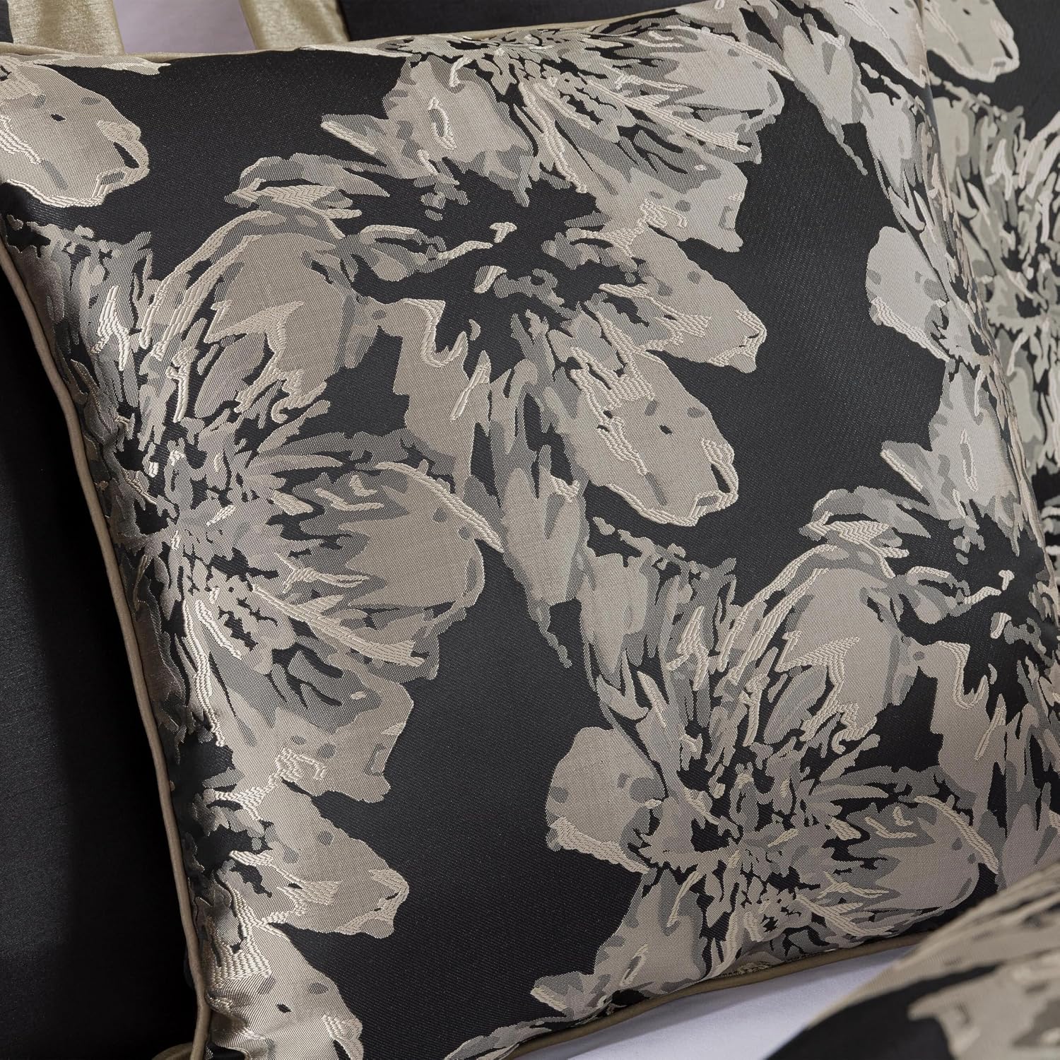 Chezmoi Collection Kelsey Comforter Set Oversized King Size, 7-Piece Black Gold Hibiscus Floral Jacquard Bedding Set