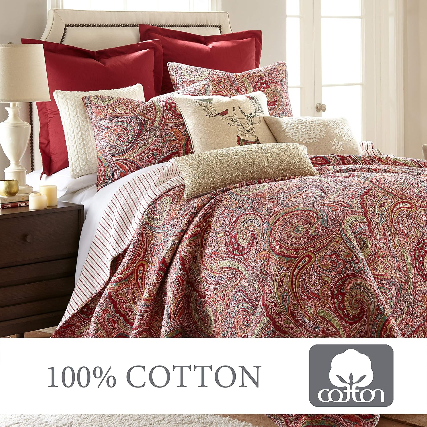 Levtex Home - Spruce Red Quilt Set - King/Cal King Quilt (106x92in.) + Two King Pillow Shams (36x20in.) - Paisley Pattern in Burgundy, Red, Tan, Grey - Reversible - Cotton