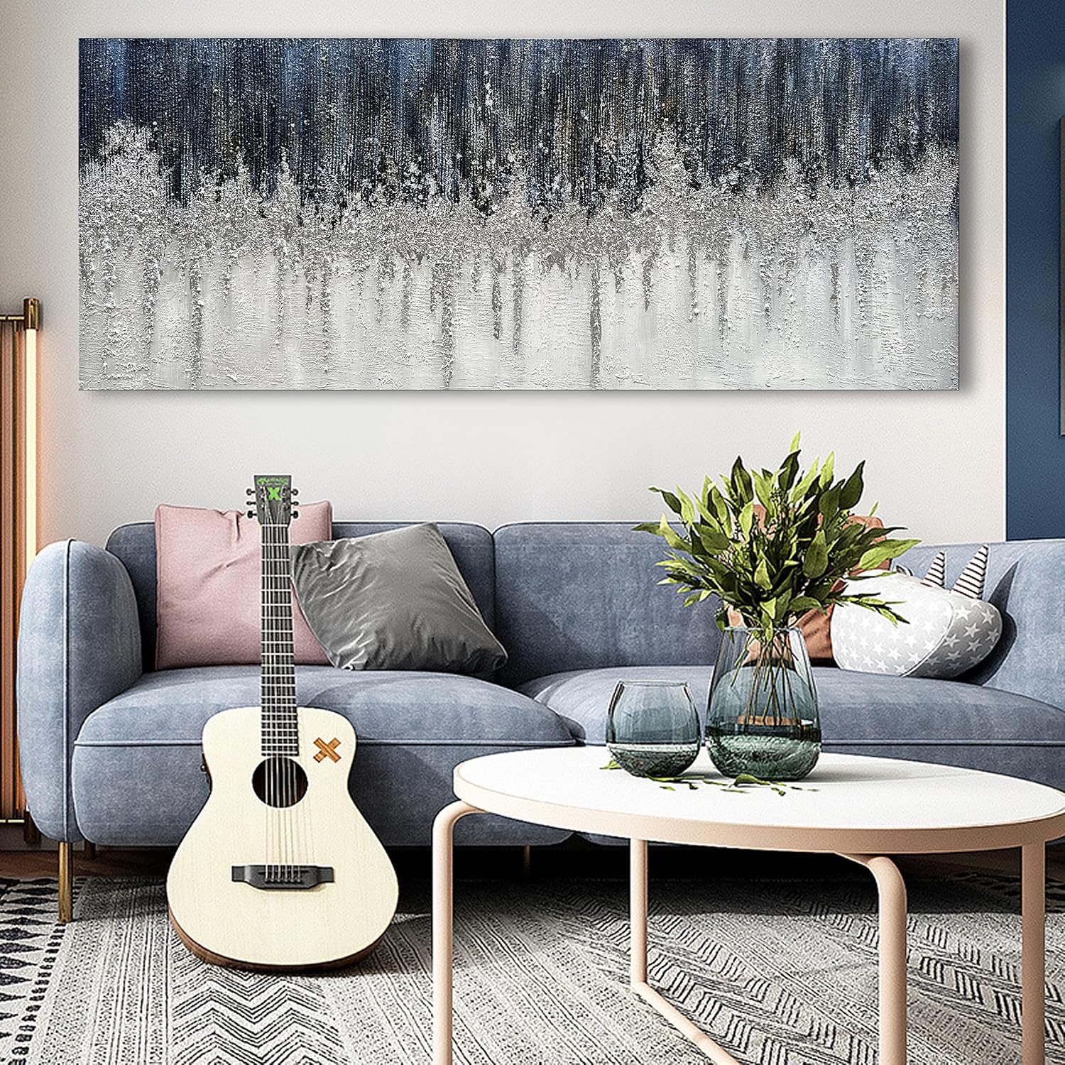 Limiyer Art Large Hand painted Abstract Oil painting Blue white Silver textured wall Art Deco Modern Abstract Art painter House Art Deco wall 24x60 inches