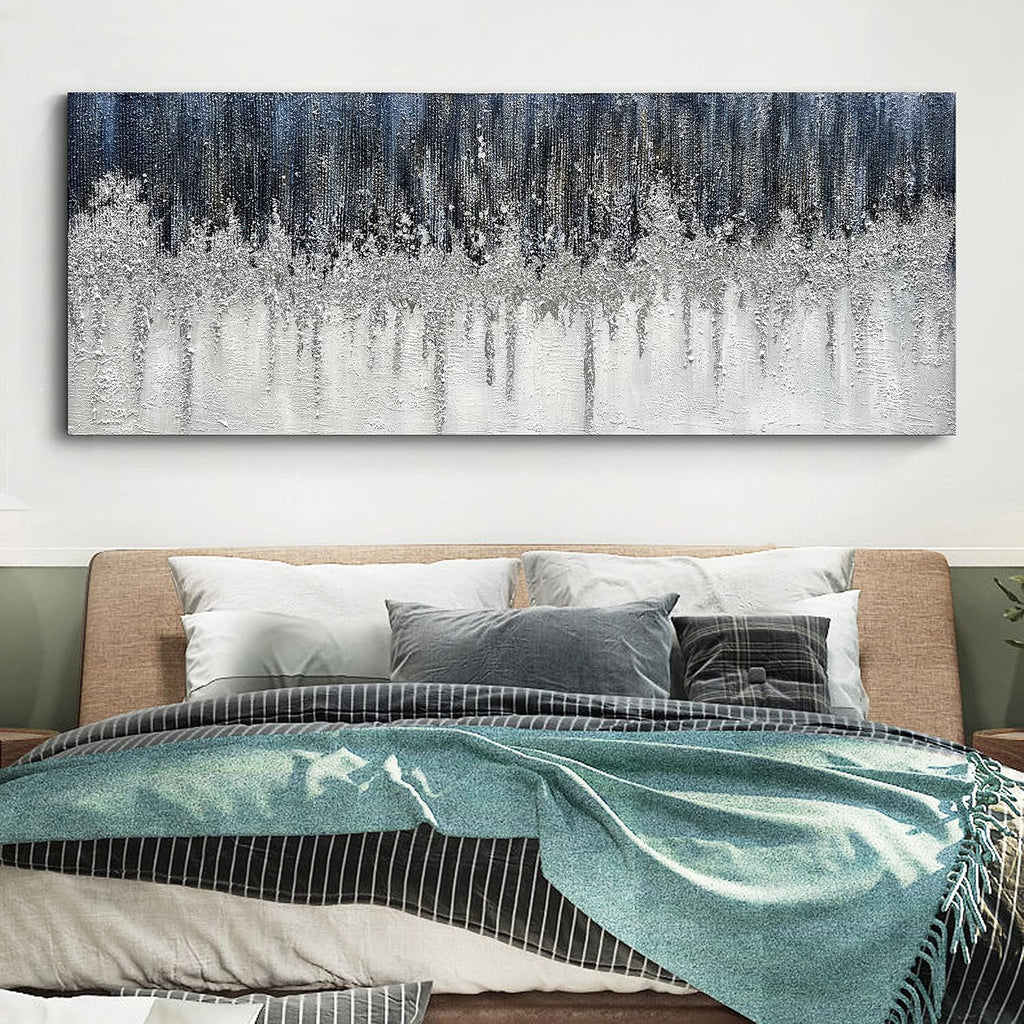 Limiyer Art Large Hand painted Abstract Oil painting Blue white Silver textured wall Art Deco Modern Abstract Art painter House Art Deco wall 24x60 inches