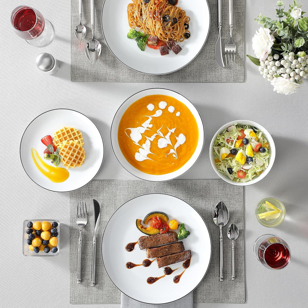 MALACASA 24-Piece Gourmet Porcelain Dinnerware Sets, Modern White with Black Rim Round Dish Set for 6 - Premium Serving Plates and Bowls Sets for Dessert, Salad, Soup, Pasta - Series AMELIA