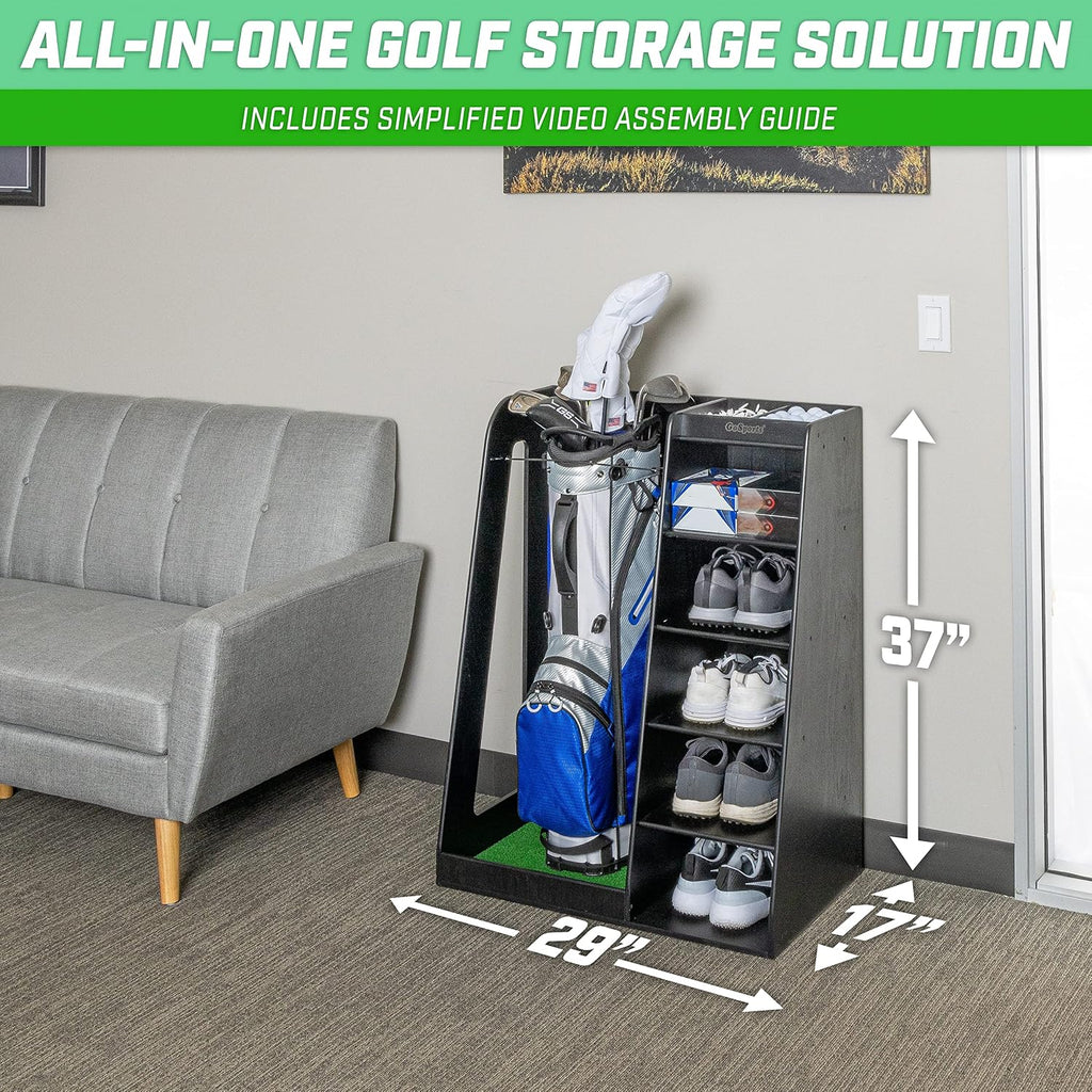 GoSports Premium Wooden Golf Bag Organizer and Storage Rack - Black, White or Brown Finish