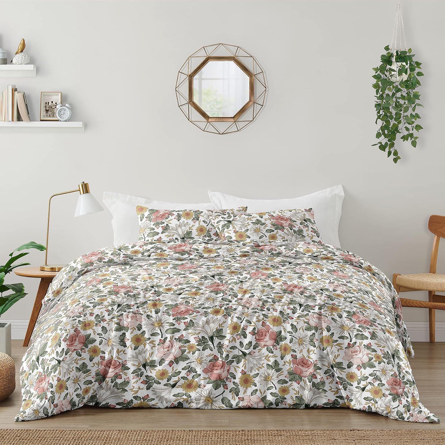 Sweet Jojo Designs Vintage Floral Boho Girl Full/Queen Size Kid Childrens Bedding Comforter Set - 3 Pieces - Blush Pink, Yellow, Green and White Shabby Chic Rose Flower Farmhouse