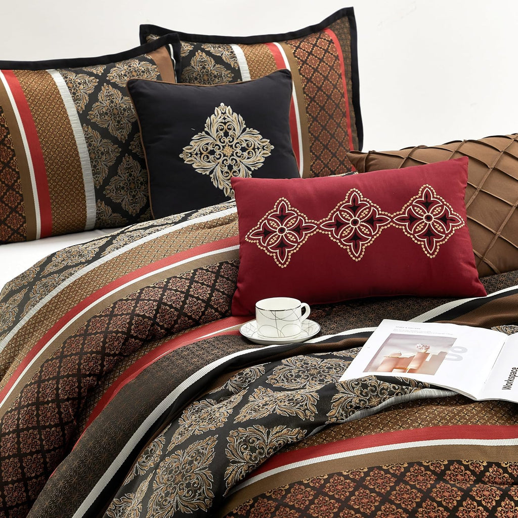 Grand Avenue Red Geometric Queen Comforter Set, 7 Piece, Jacquard Bedding Sets & Collections, Matching Shams, Bedskirt, Decorative Pillows