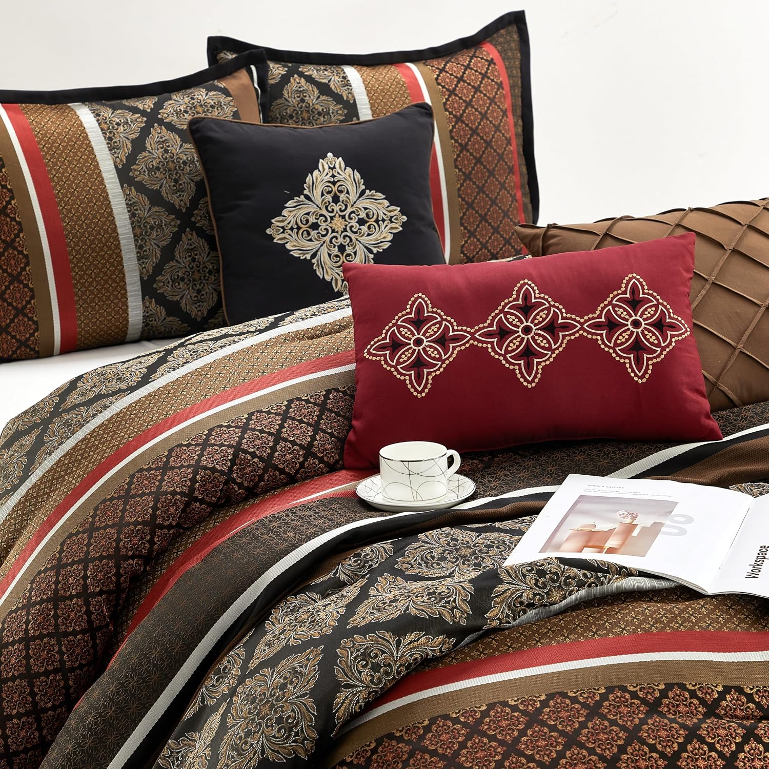 Grand Avenue Red Geometric Queen Comforter Set, 7 Piece, Jacquard Bedding Sets & Collections, Matching Shams, Bedskirt, Decorative Pillows