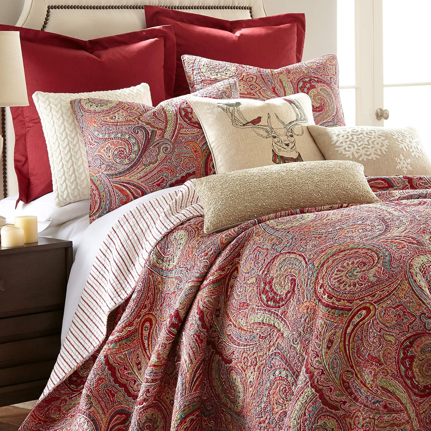 Levtex Home - Spruce Red Quilt Set - King/Cal King Quilt (106x92in.) + Two King Pillow Shams (36x20in.) - Paisley Pattern in Burgundy, Red, Tan, Grey - Reversible - Cotton