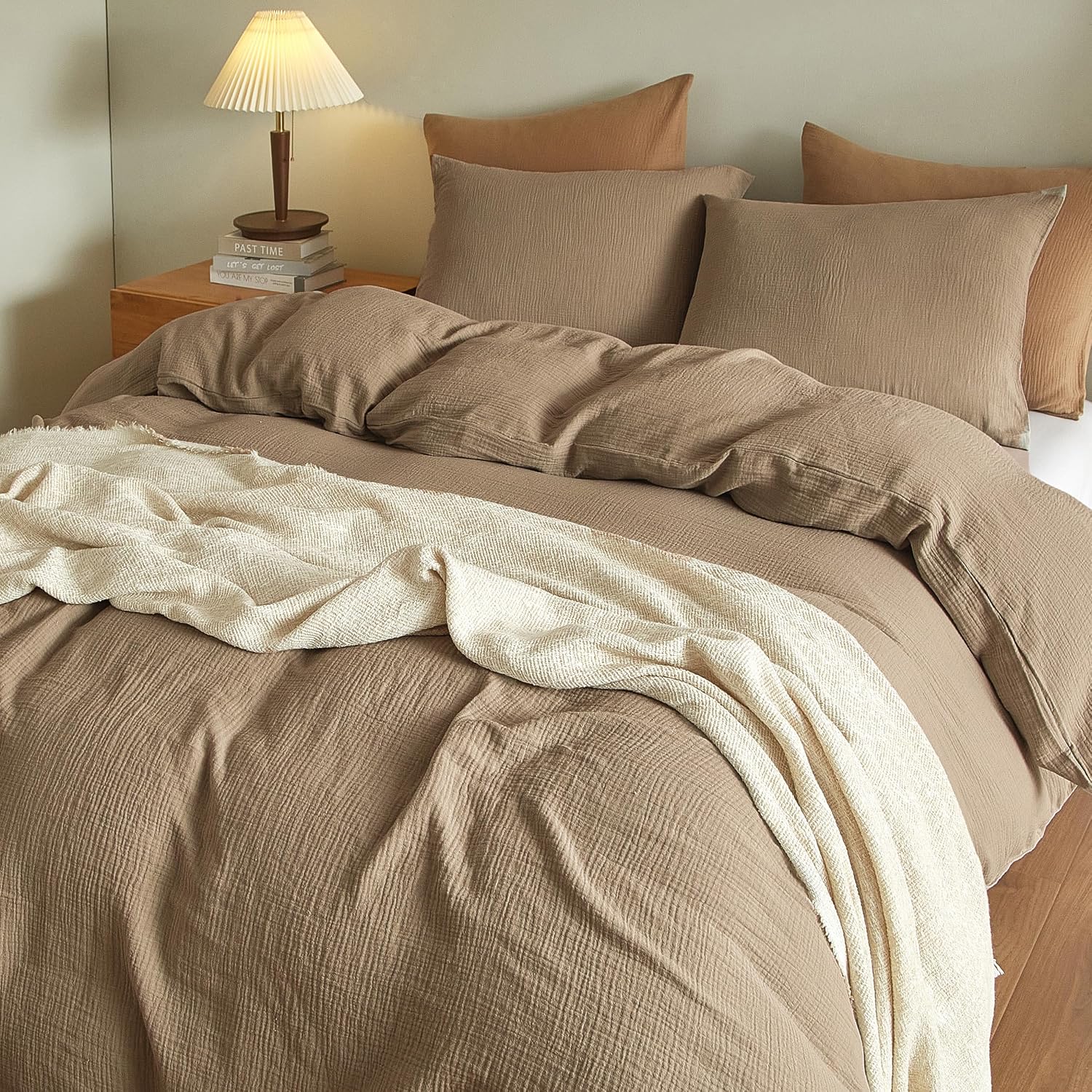 SE SOFTEXLY Muslin Duvet Cover Oversized King Size, 100% Washed Cotton Duvet Cover Set, Ultra Soft Comforter Cover Linen Like, 3 Pieces Gauze Duvet Cover with 2 Pillowcases, 98'x120', Light Brown