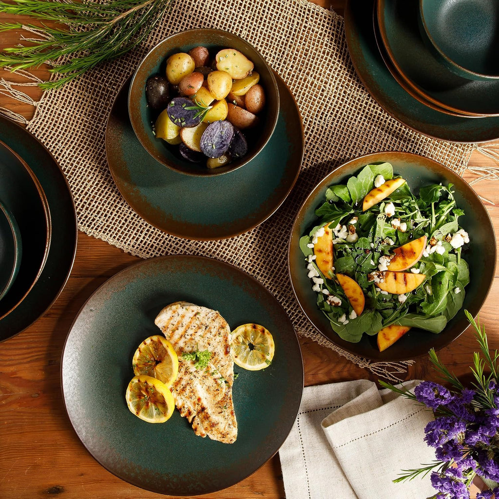 Bloomhouse - Two Time Oprah's Favorite Things Winner - Palermo Sun Double Bowl Stoneware Reactive Glaze Plates and Bowls Dinnerware Set - Agave Blue, Service for Four (16pcs)