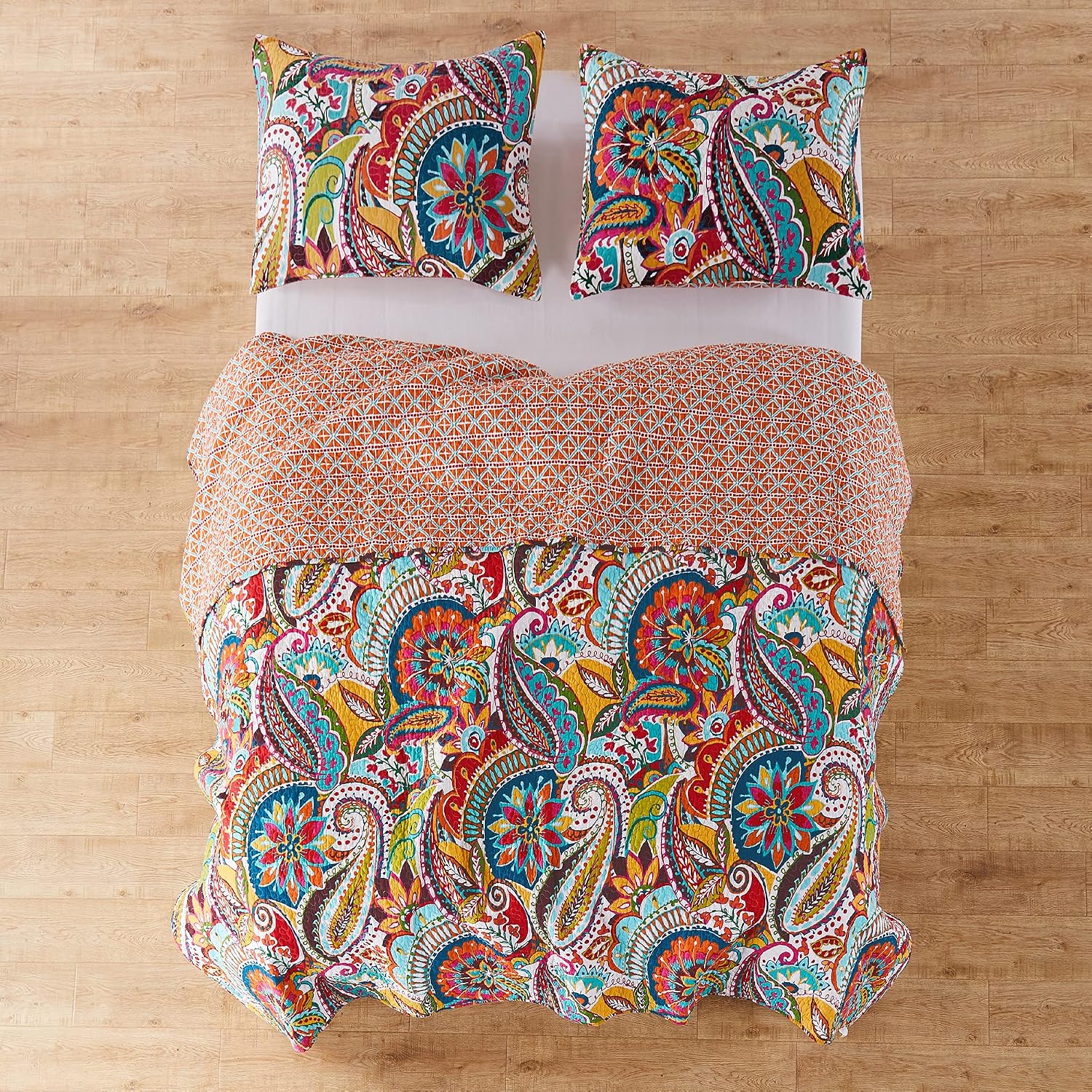 Levtex Home Rhapsody Quilt Set - King Quilt + Two King Pillow Shams - Paisley in Yellow Orange Red Green Blues - Quilt Size (106 x 92in.) and Pillow Sham Size (36 x 20in.)- Reversible Pattern - Cotton