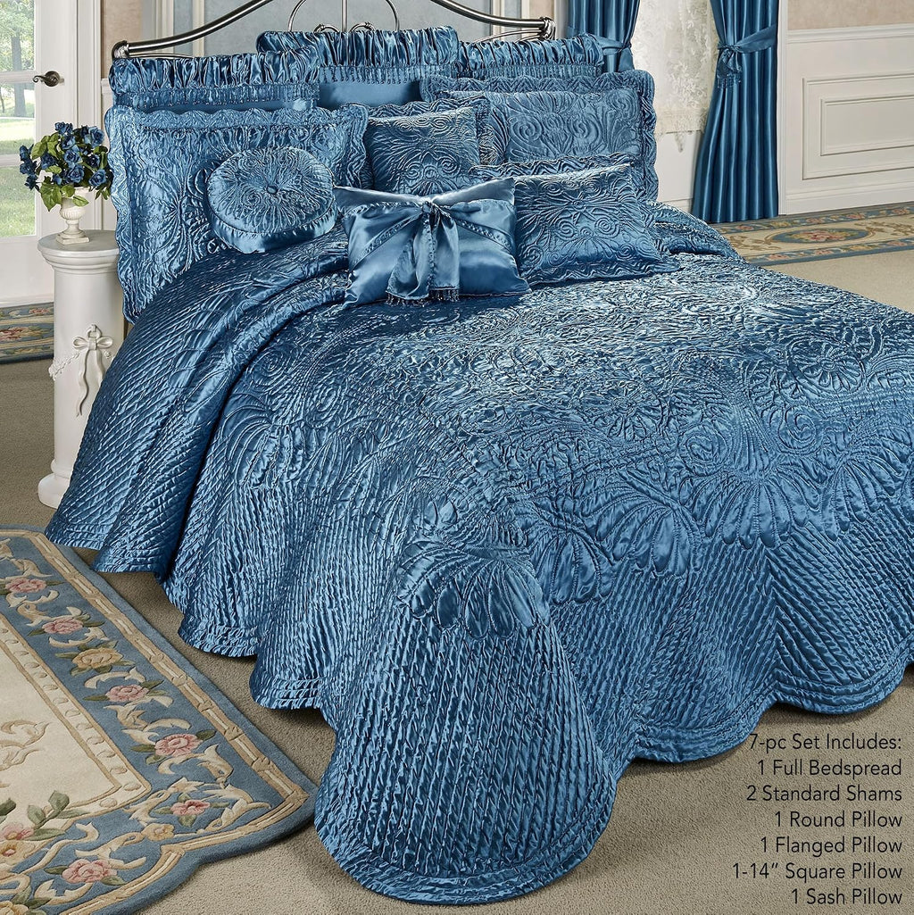 Touch of Class Portia Luxury Bedding | Sapphire | Quilted Polyester Satin | Romantic Hand Guided Machine Quilted Scroll Design 7 Piece Set with Full Bedspread, 2 Standard Shams, 4 Pillows
