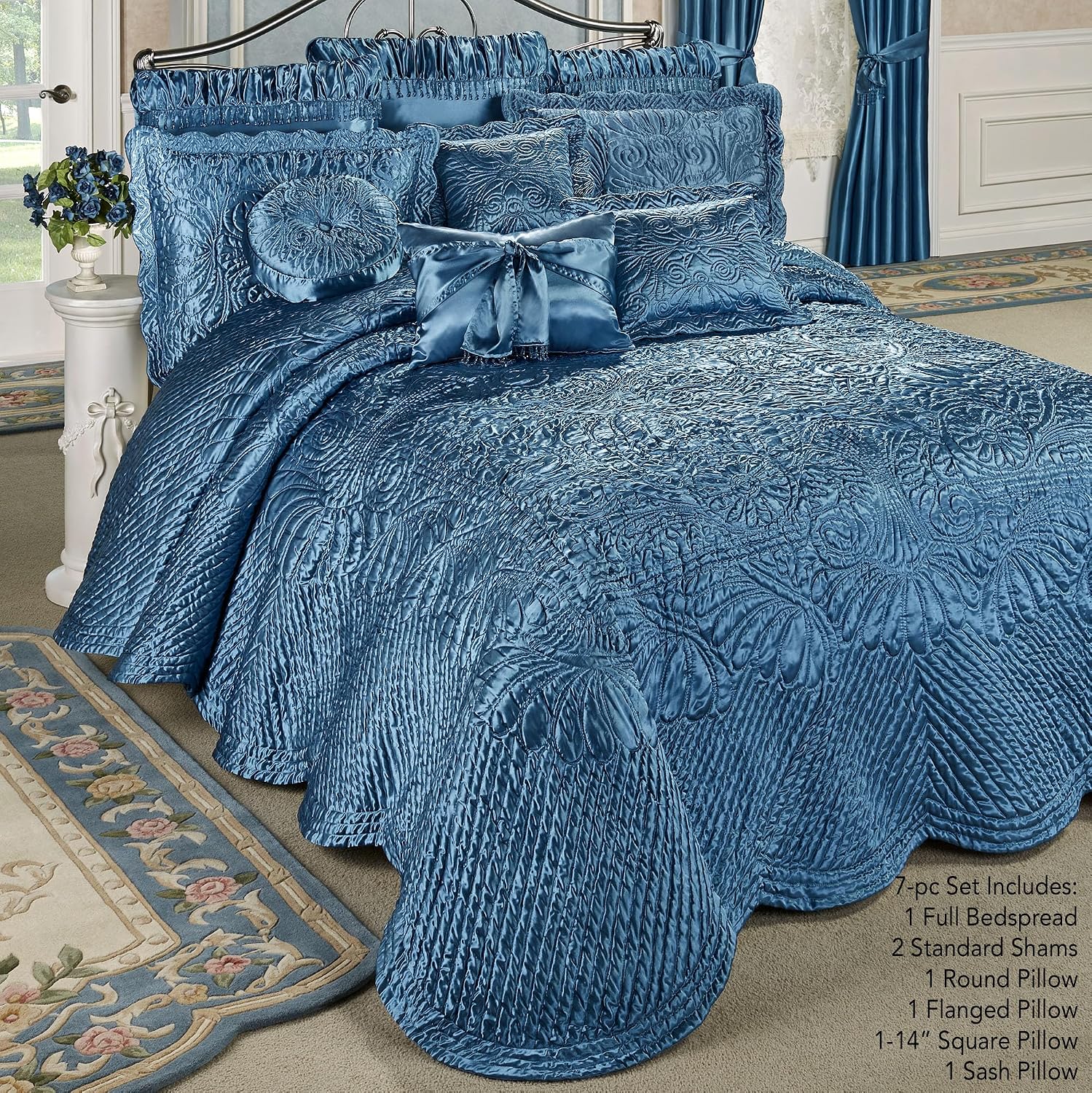 Touch of Class Portia Luxury Bedding | Sapphire | Quilted Polyester Satin | Romantic Hand Guided Machine Quilted Scroll Design 7 Piece Set with Full Bedspread, 2 Standard Shams, 4 Pillows