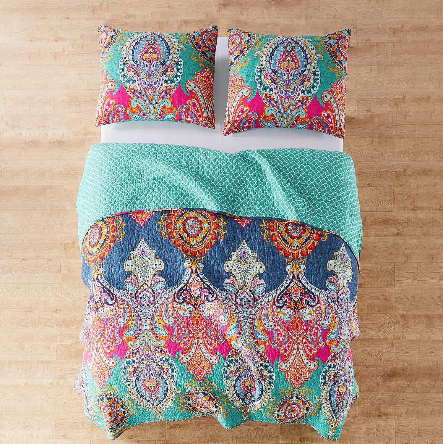 Levtex Home - Fantasia Quilt Set - King Quilt (106x92in.) + Two King Pillow Shams (36x20in.) - Bohemian - Teal, Orange, Yellow, Green, Blue - Reversible - Cotton Fabric