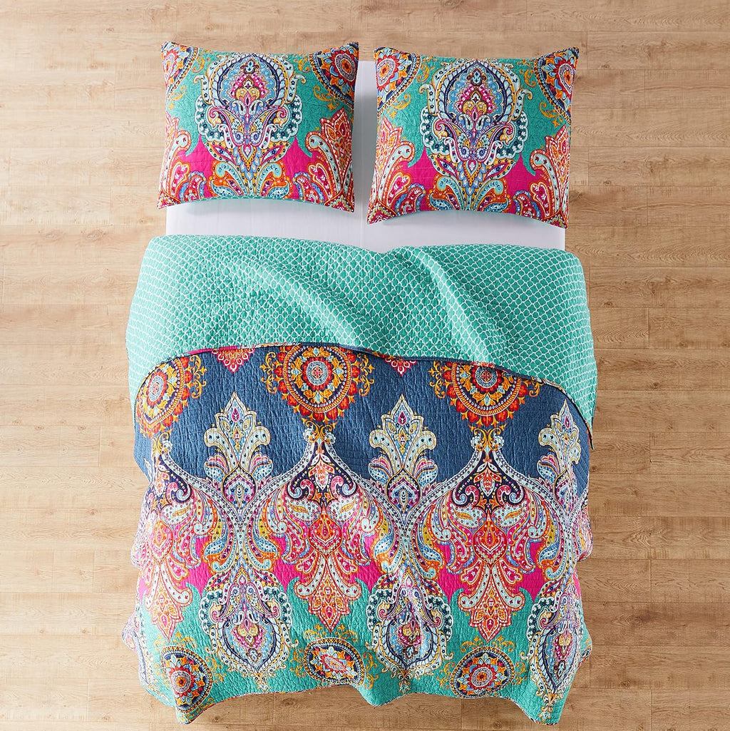 Levtex Home - Fantasia Quilt Set - Twin Quilt (68x86in.) + One Standard Pillow Sham (26x20in.) - Bohemian - Teal, Orange, Yellow, Green, Blue - Reversible - Cotton Fabric