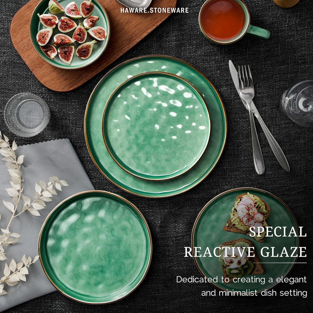 HaWare Dinnerware Sets, 18-Piece Plates and Bowls Set, Stoneware Dish Set for 6, Ceramic Dinnerware for Home Restaurant, Chip and Scratch Resistant, Microwave and Dishwasher Safe, Reactive Green