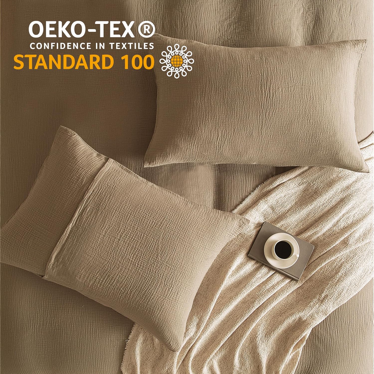 SE SOFTEXLY Muslin Duvet Cover Oversized King Size, 100% Washed Cotton Duvet Cover Set, Ultra Soft Comforter Cover Linen Like, 3 Pieces Gauze Duvet Cover with 2 Pillowcases, 98'x120', Light Brown