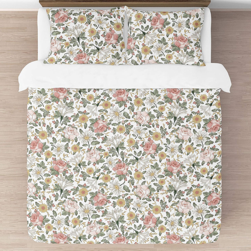 Sweet Jojo Designs Vintage Floral Boho Girl Full/Queen Size Kid Childrens Bedding Comforter Set - 3 Pieces - Blush Pink, Yellow, Green and White Shabby Chic Rose Flower Farmhouse