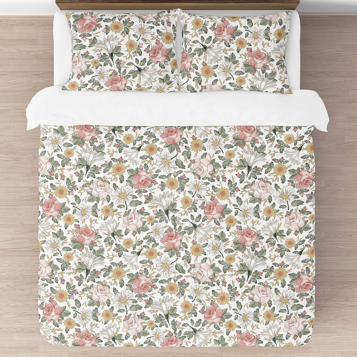 Sweet Jojo Designs Vintage Floral Boho Girl Full/Queen Size Kid Childrens Bedding Comforter Set - 3 Pieces - Blush Pink, Yellow, Green and White Shabby Chic Rose Flower Farmhouse